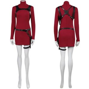 Cosplay da Ada Wong, de Resident Evil, em manequim: vestido vermelho de manga longa com arnês e cinto de perna
