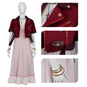 Cosplay da Aerith, de Final Fantasy VII, em manequim: jaqueta vermelha curta sobre vestido rosa, com detalhes ampliados