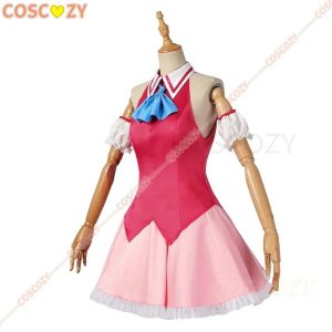 Vestido de idol rosa com colete e laço azul do cosplay da Ai Hoshino, de Oshi no Ko, de frente em manequim