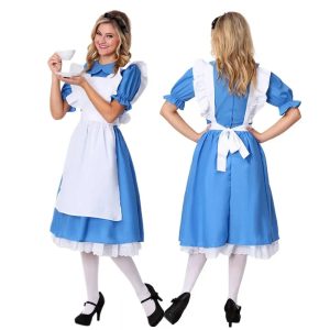 Cosplay da Alice, de Alice no País das Maravilhas: vestido azul com avental branco, visto de frente e de costas