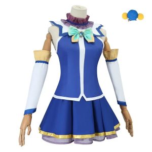 Vestido azul com laço verde-água e barra dourada do cosplay da Aqua, de KonoSuba, de frente em um manequim