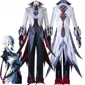 Cosplay da Arlecchino, de Genshin Impact, em manequim com casaco claro de pontas vermelhas, colete e calça escura