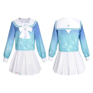 Frente e costas do uniforme marinheiro azul com saia branca do cosplay da Arona, Blue Archive