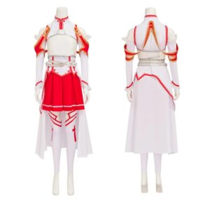 Traje de batalha da Asuna Yuuki, de Sword Art Online, em branco e vermelho, de frente e de costas