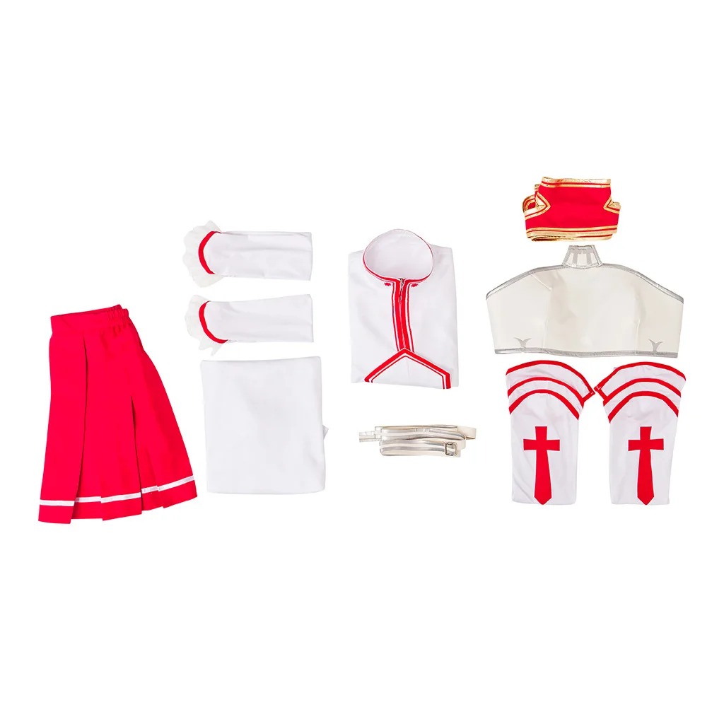Peças do cosplay da Asuna, de Sword Art Online: saia vermelha, mangas, luvas e peitoral branco