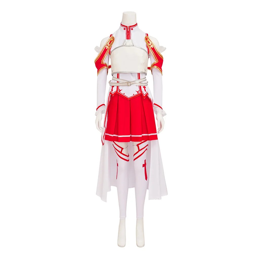Cosplay da Asuna Yuuki, de Sword Art Online, com saia vermelha e saia longa branca