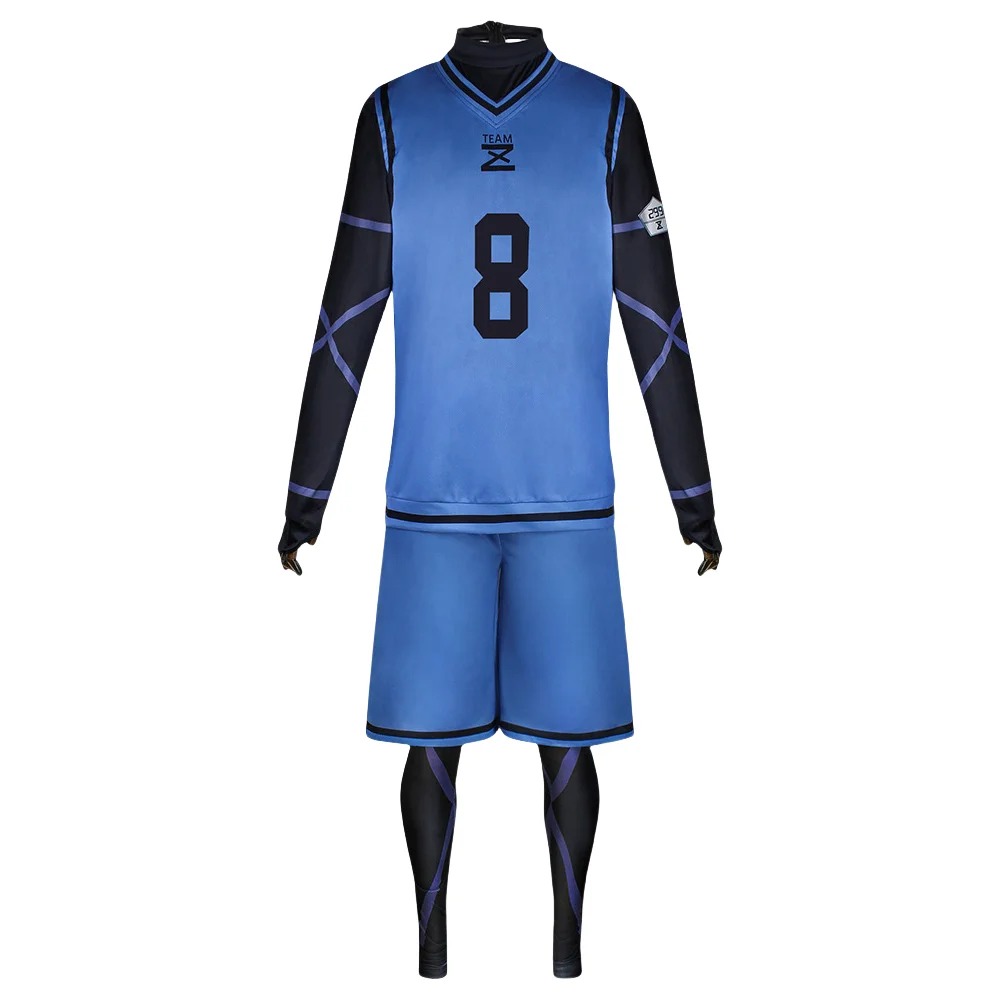 Uniforme azul nº 8 do Bachira Meguru, de Blue Lock, com mangas e meias pretas sob a camisa e o shorts