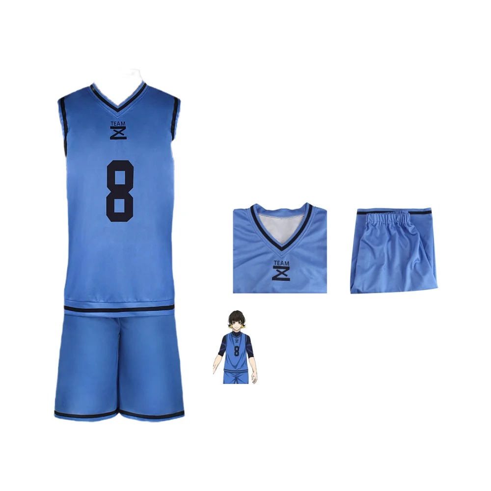 Camisa azul nº 8 e shorts do cosplay do Bachira, de Blue Lock, em manequim e separados