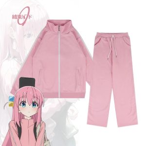 Conjunto rosa de casaco com zíper e calça do cosplay da Hitori Gotoh, a Bocchi, de Bocchi the Rock!