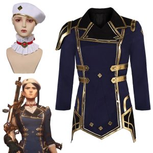 Casaco azul-marinho com detalhes dourados do cosplay da Caitlyn, de Arcane, ao lado da personagem