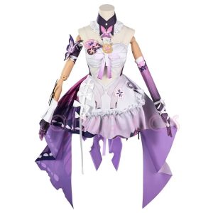 Cosplay da Castorice, de Honkai: Star Rail, em manequim: vestido branco e lilás com borboleta e flores