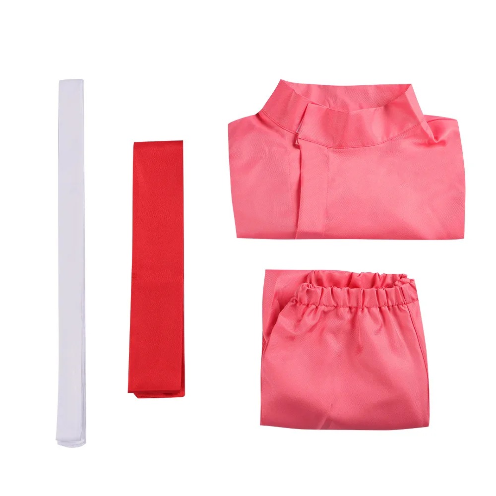 Peças do cosplay da Chihiro: túnica rosa, calça rosa e faixa vermelha, de A Viagem de Chihiro