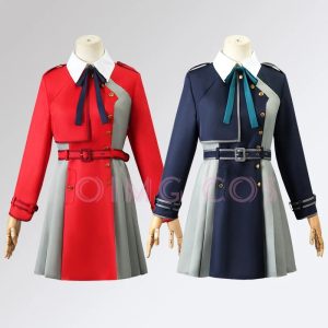 Uniformes de cosplay de Lycoris Recoil: casaco vermelho da Chisato e azul-marinho da Takina com saia plissada cinza