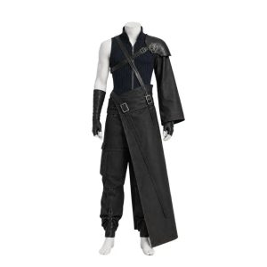 Traje preto do cosplay do Cloud Strife, de Final Fantasy VII, em manequim visto de frente