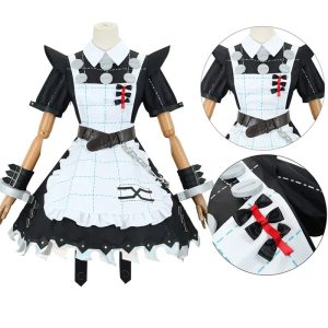 Vestido de empregada preto com avental branco do cosplay da Corin Wickes, Zenless Zone Zero, em manequim