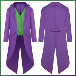 Casaca roxa de abas longas com colete verde do cosplay do Coringa (Joker), vista de frente e de costas