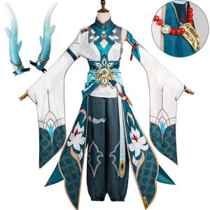 Cosplay do Dan Heng Imbibitor Lunae, de Honkai: Star Rail, em manequim, com chifres de cristal azul