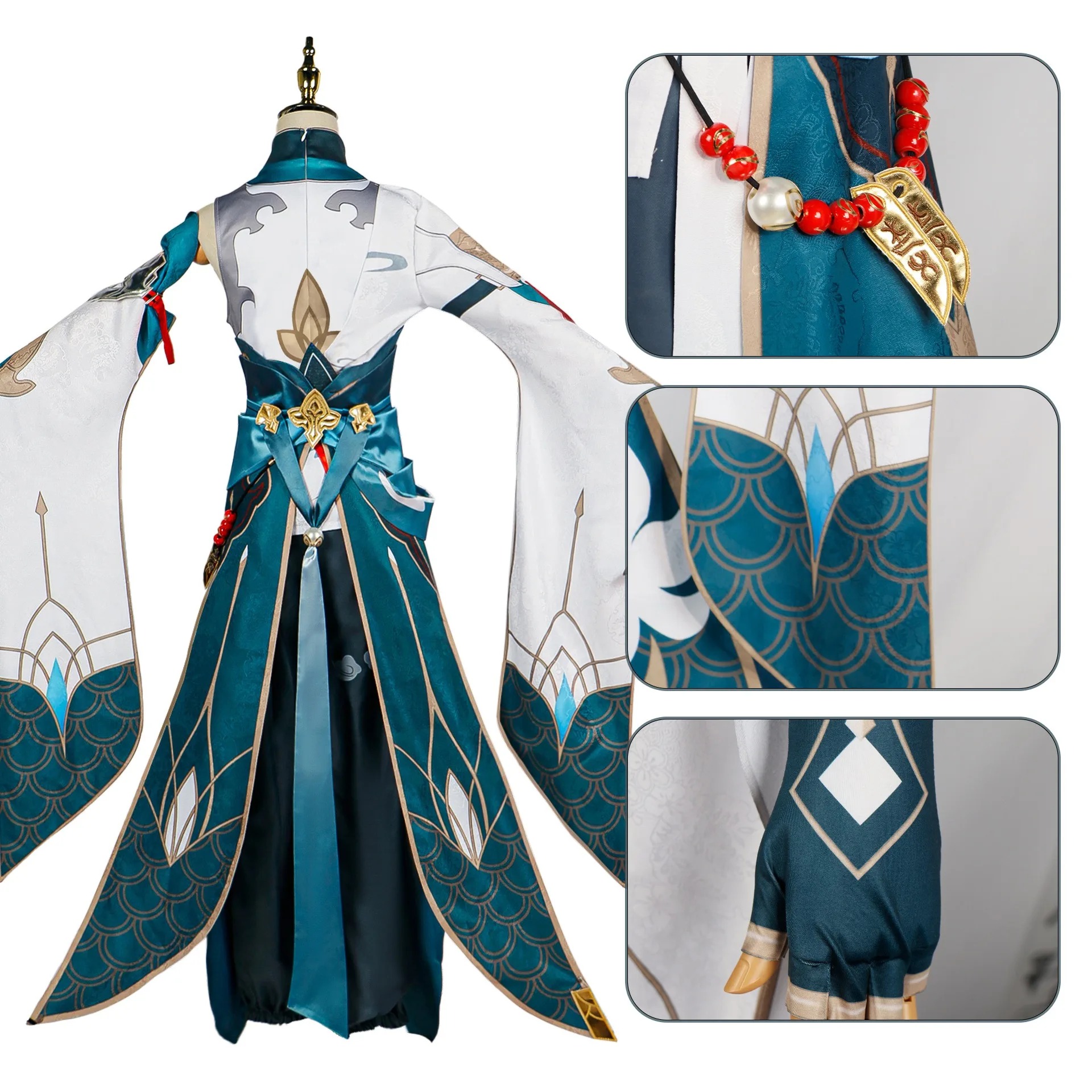 Costas e detalhes do cosplay do Dan Heng, de Honkai: Star Rail, com pingentes e enfeites de ombro