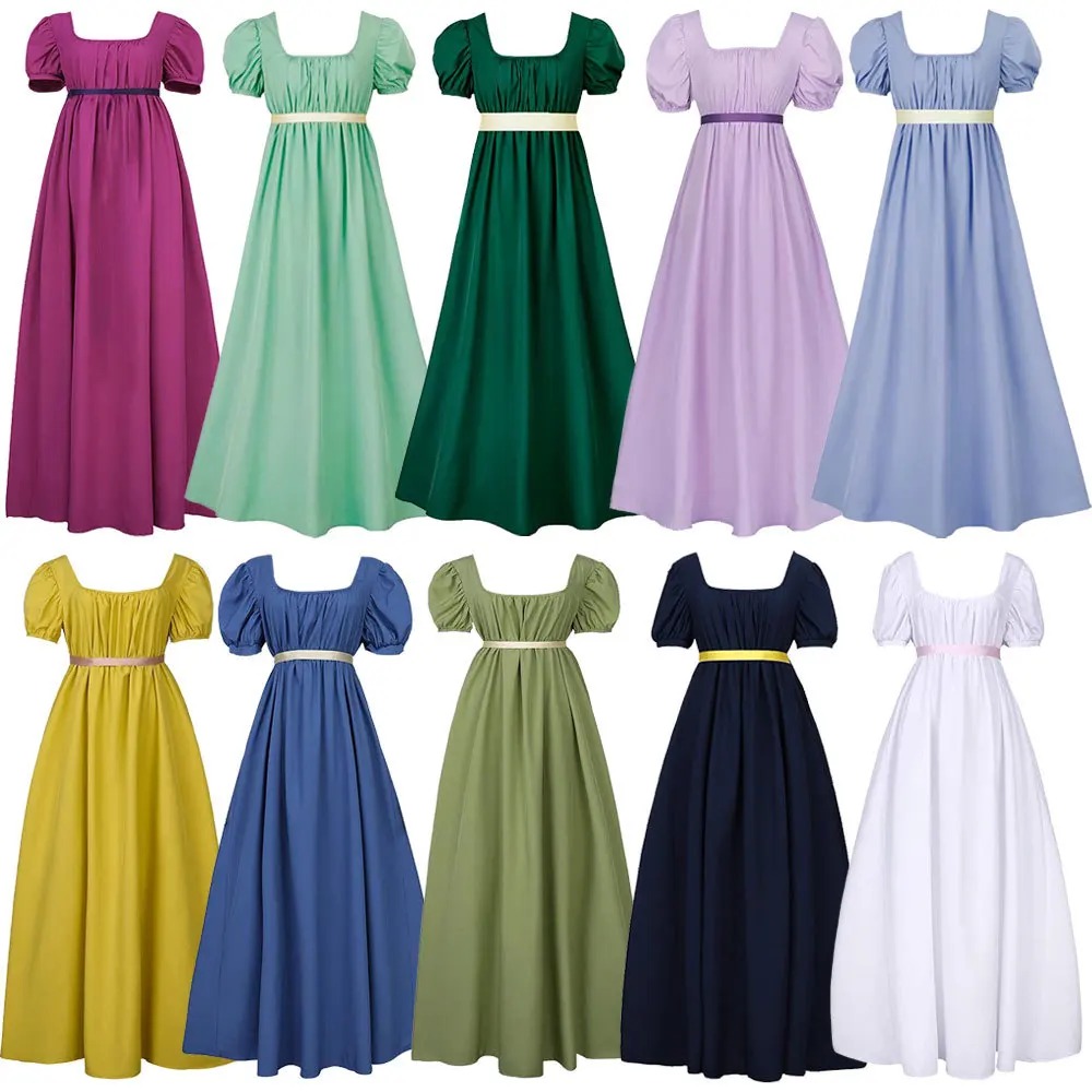 Dez cores do vestido de estilo regência inspirado na Daphne, de Bridgerton, com cintura alta e mangas bufantes