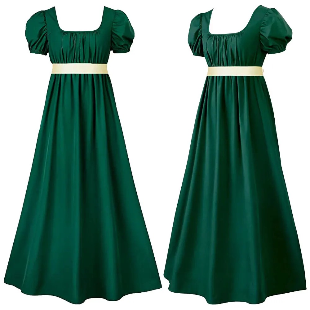 Vestido verde-escuro de estilo regência, inspirado na Daphne de Bridgerton, visto de frente e de costas