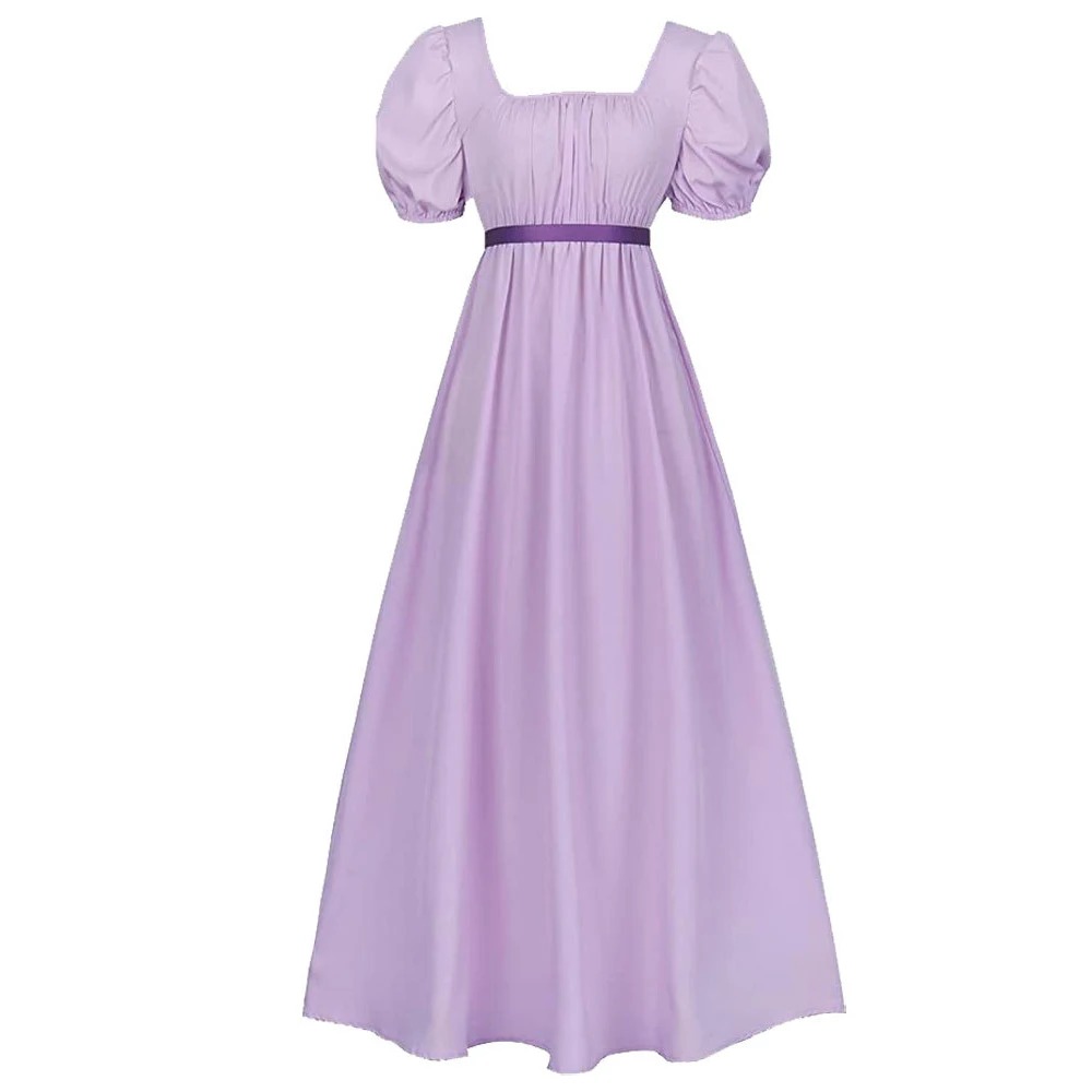 Vestido lilás de cintura alta e mangas bufantes, estilo regência, inspirado na Daphne de Bridgerton