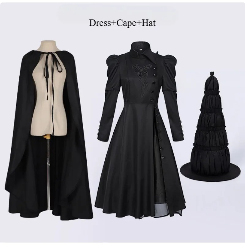 Vestido preto com capa e chapéu de bruxa do cosplay da Elphaba, de Wicked