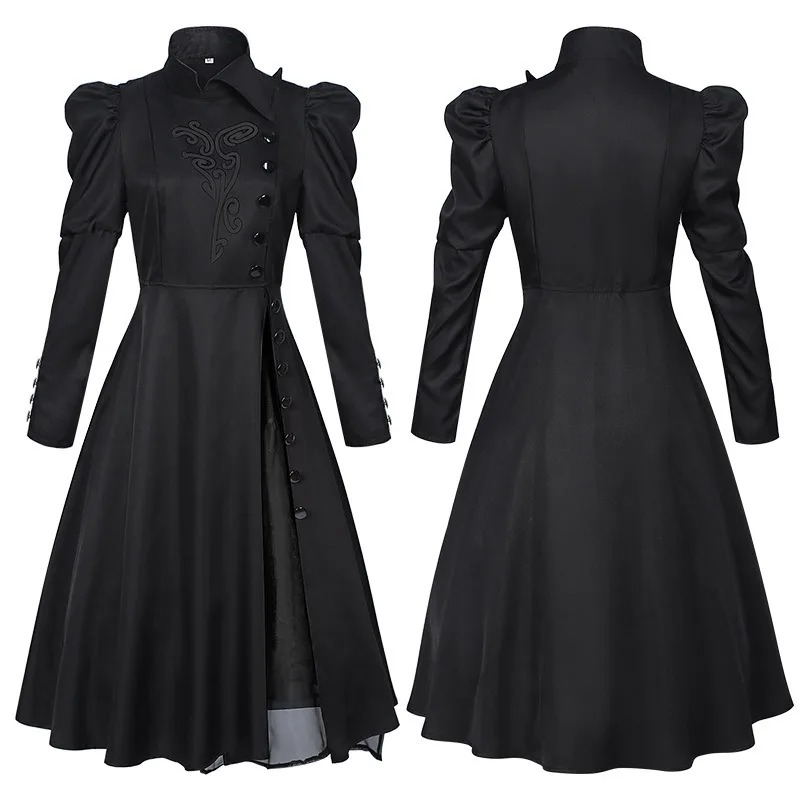 Frente e costas do vestido preto de mangas bufantes do cosplay da Elphaba, Wicked