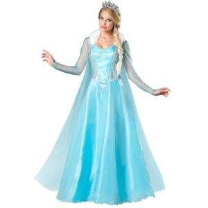 Vestido longo azul da Elsa, de Frozen, com capa transparente e coroa, visto de frente