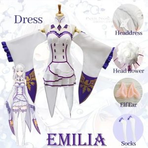 Vestido branco com detalhes roxos e dourados do cosplay da Emilia, de Re:Zero, com enfeite de cabeça e orelhas de elfo