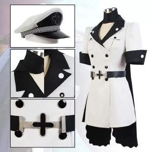 Casaco branco com detalhes pretos e quepe do cosplay da Esdeath, de Akame ga Kill!