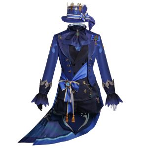 Cosplay da Furina, de Genshin Impact: casaco azul com cauda, colete e short pretos, gravata de babado e chapéu