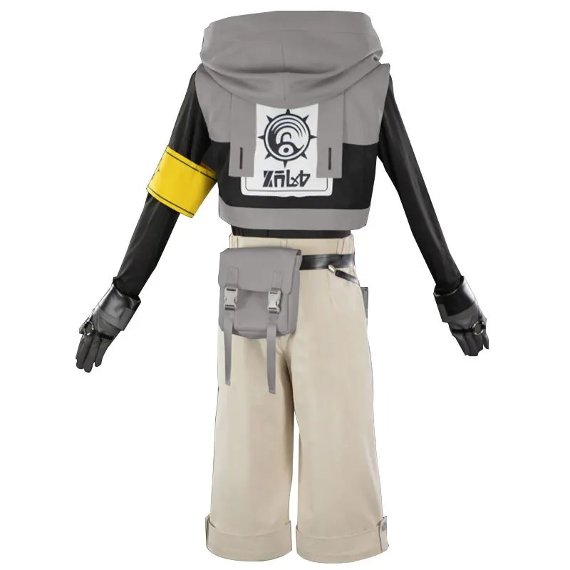 Traje do Rudo, de Gachiakuta: blusa preta, colete cinza com capuz, braçadeira amarela e calça bege