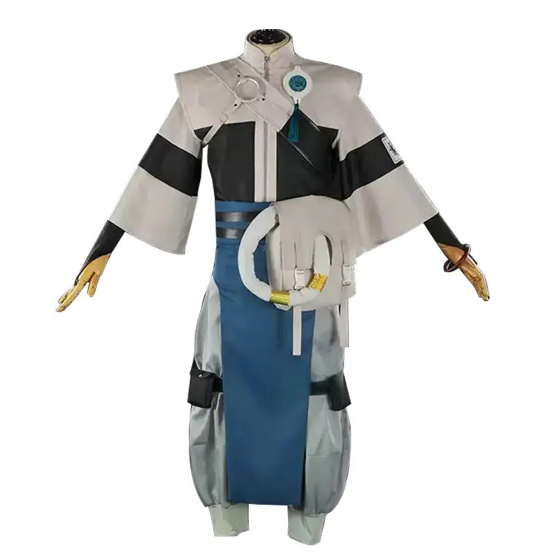 Cosplay do Enjin, de Gachiakuta, no manequim: túnica cinza e preta com faixa azul e calça larga