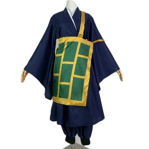 Quimono azul-marinho com faixa verde e dourada e calça do cosplay do Suguru Geto, de Jujutsu Kaisen, em manequim