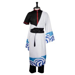 Quimono branco com ondas azuis do cosplay do Gintoki Sakata, de Gintama, em manequim