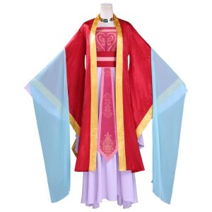 Cosplay da Gyokuyou em hanfu vermelho com mangas azuis e vestido rosa, de Diários de uma Apotecária