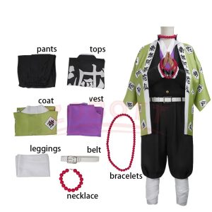Conjunto do cosplay do Gyomei Himejima com haori verde, colete roxo e lista de peças, Demon Slayer