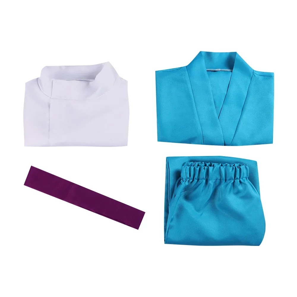 Peças do cosplay do Haku, de A Viagem de Chihiro: camisa branca, calça azul e faixa roxa