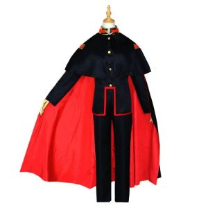 Cosplay do Hanako, de Toilet-Bound Hanako-kun, em manequim: uniforme preto, capa com forro vermelho