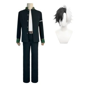 Jaqueta verde-escura com punhos bordados e calça do cosplay do Haruka Sakura, de Wind Breaker, e a peruca bicolor