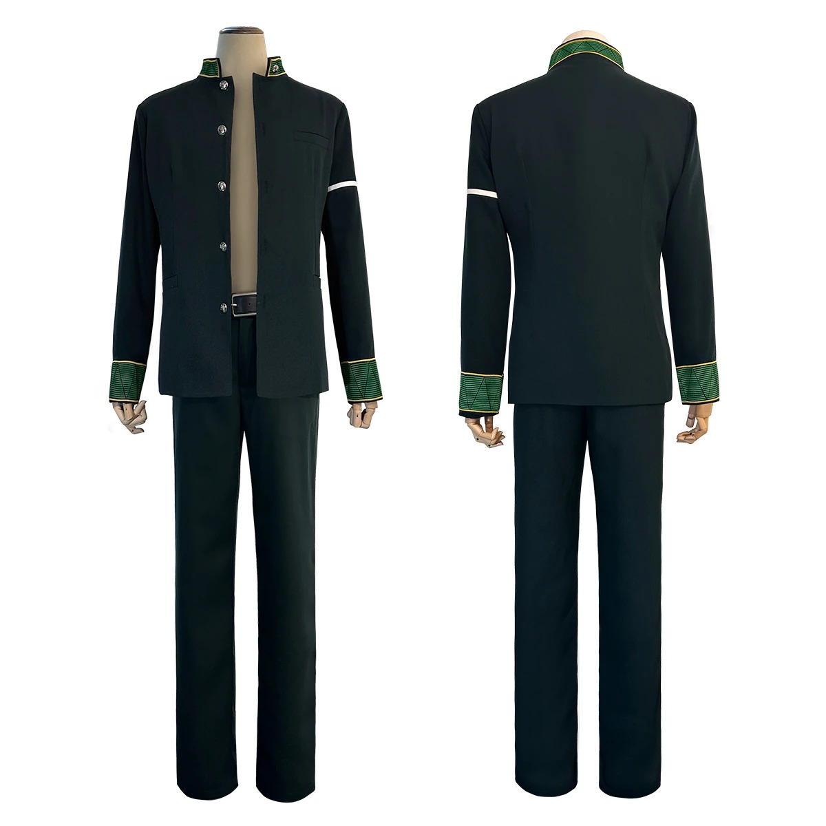 Frente e costas do uniforme do cosplay do Sakura, de Wind Breaker, em um manequim