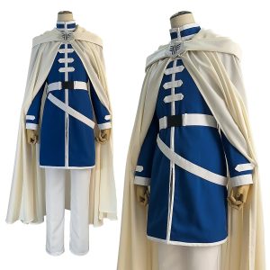 Cosplay do Himmel, de Frieren: casaco azul com faixas brancas, capa creme com capuz e calça branca no manequim