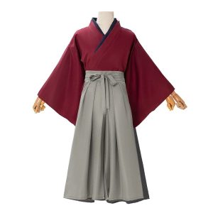 Quimono vinho com hakama cinza-claro do cosplay do Himura Kenshin, de Rurouni Kenshin, em manequim