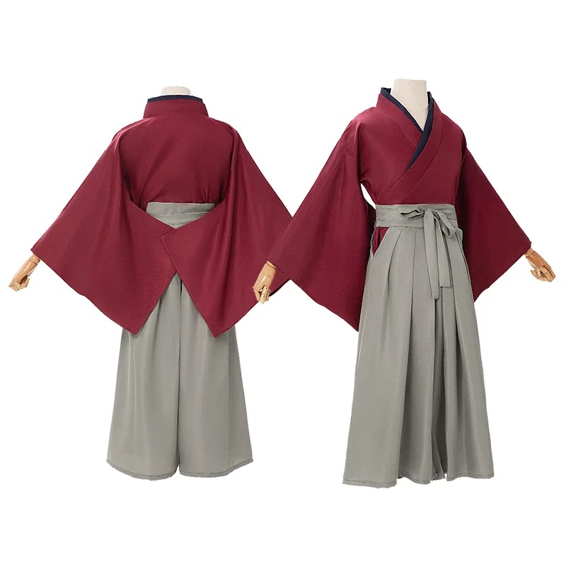 Frente e costas do quimono vinho e da hakama do cosplay do Himura Kenshin