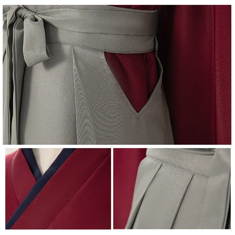 Detalhes da gola do quimono e das pregas da hakama do cosplay do Himura Kenshin