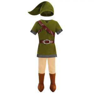 Traje infantil do Link, de Zelda, com chapéu verde, túnica, cinto, calça bege e cobre-botas marrons