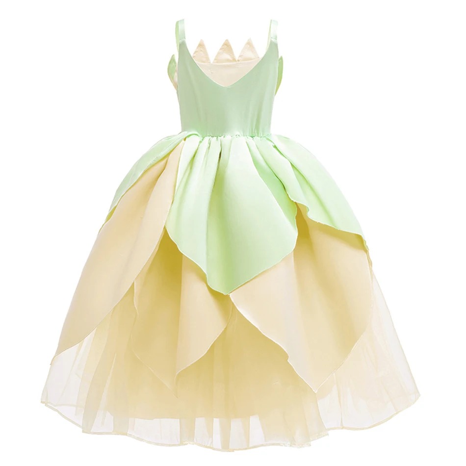 Vestido infantil da Tiana, de A Princesa e o Sapo: saia em pétalas verde e amarela com tule, em manequim