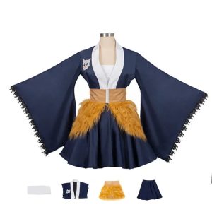 Jaqueta azul-marinho e saia com faixa de pelo marrom do cosplay do Inosuke, Demon Slayer, em manequim