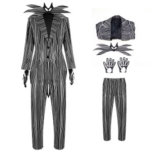 Conjunto do Jack Skellington: paletó e calça listrados com gravata borboleta e luvas de esqueleto, visto de frente e peças separadas
