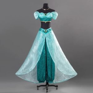 Conjunto azul-turquesa com calça bufante e saia translúcida do cosplay da Jasmine, de Aladdin, em manequim